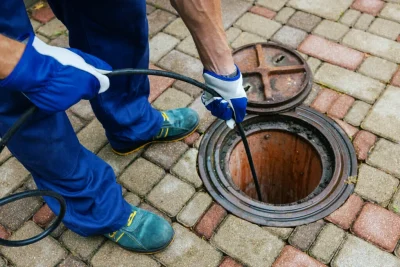 Plumber cleaning an outdoor sewer drain in Powder Springs