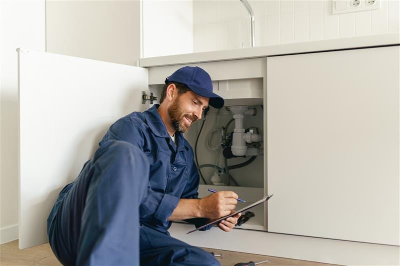 Residential plumber reviewing plumbing repairs in a Powder Springs kitchen