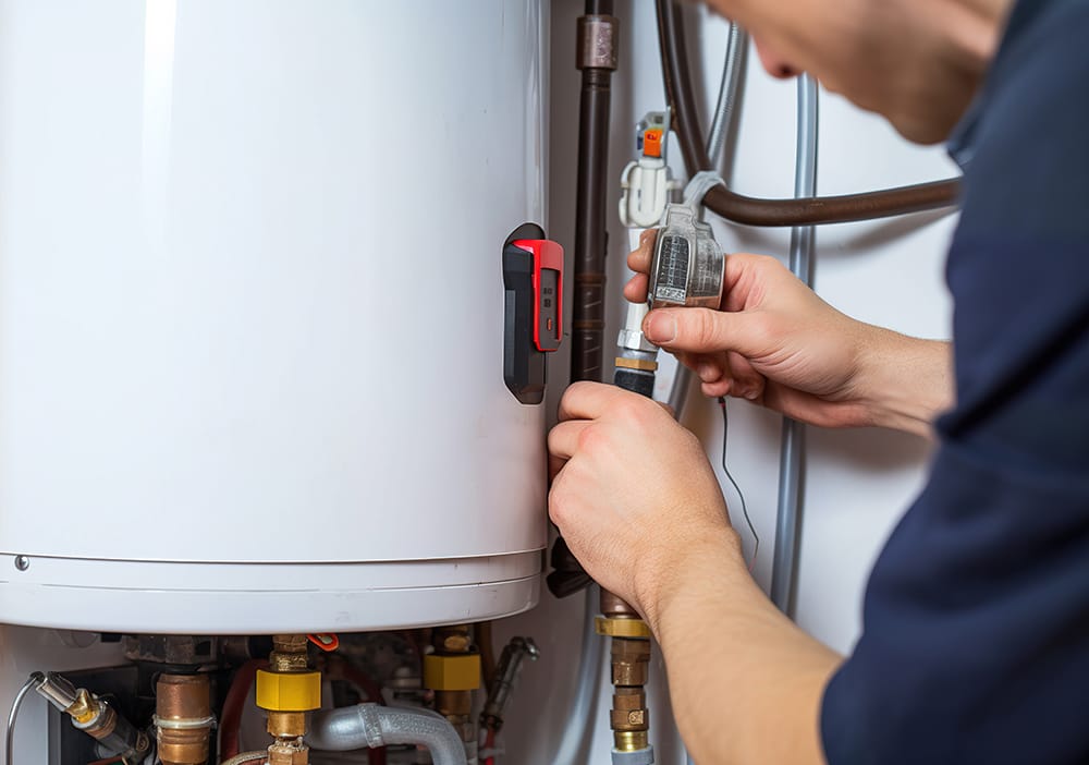 Technician repairing pipes connected to a water heater in Powder Springs